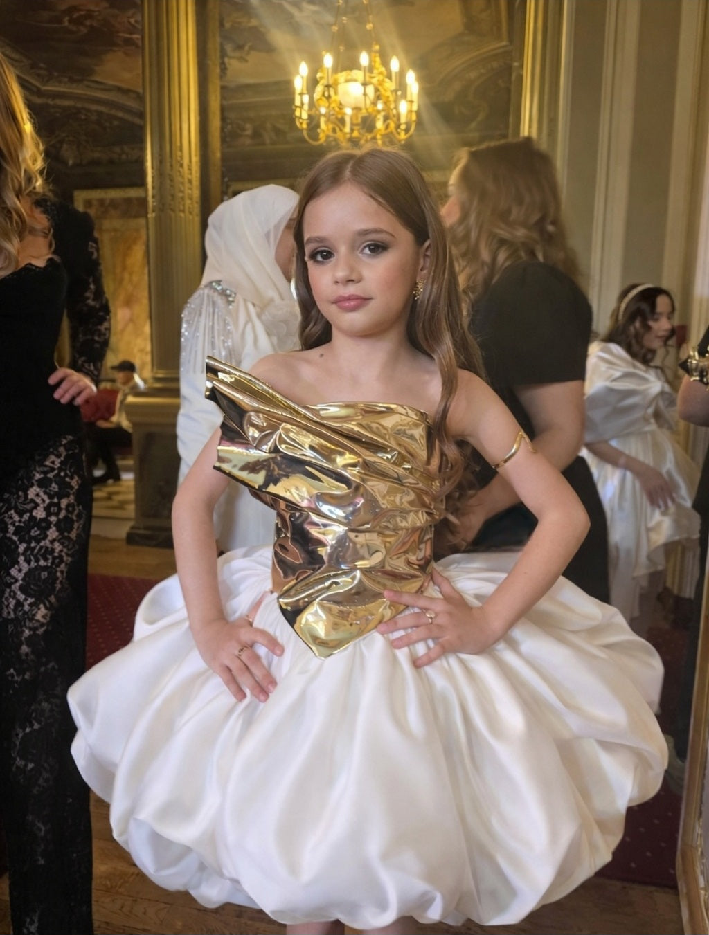 Golden Couture Princess Dress with Voluminous Satin Skirt