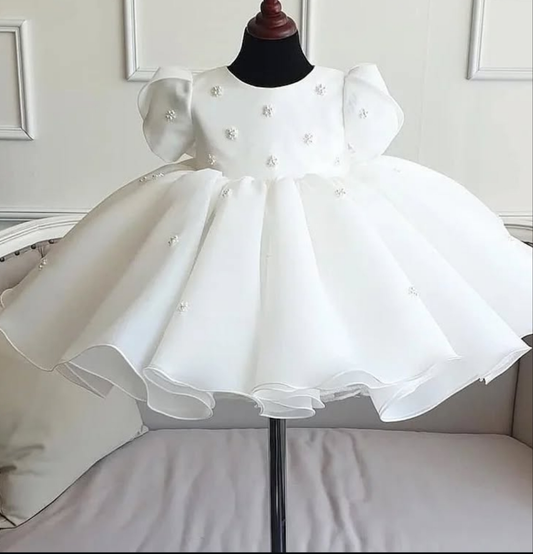 Puffy Dress with Pearl Details for Little Girls"