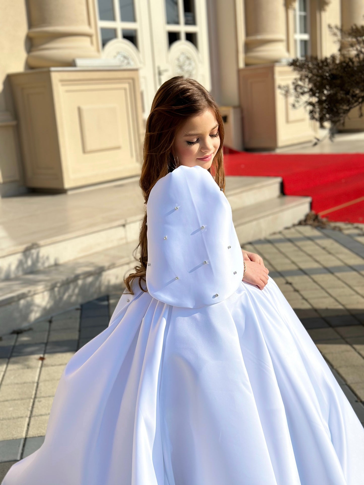 "Majestic Ball Gown with headband , flowing train and crystal embellishments"