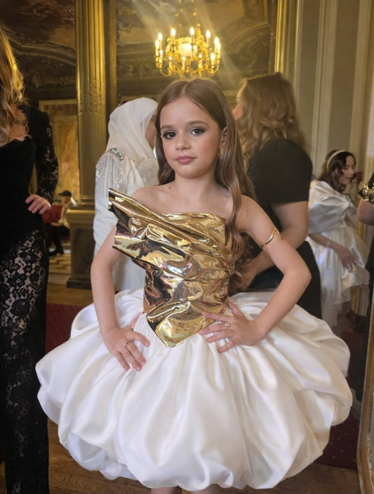 Golden Couture Princess Dress with Voluminous Satin Skirt
