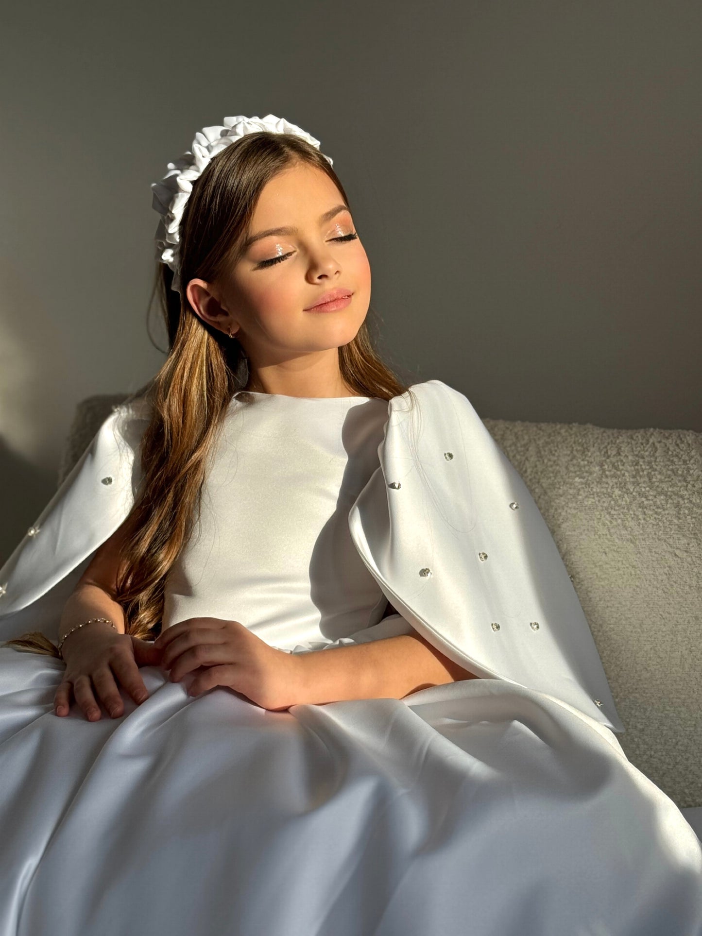 "Majestic Ball Gown with headband , flowing train and crystal embellishments"