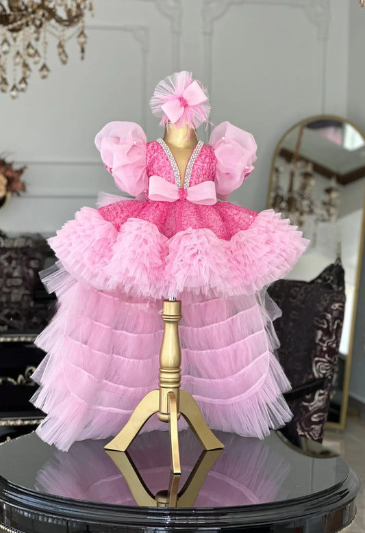 Puffy dress for girls with tails and ribbons