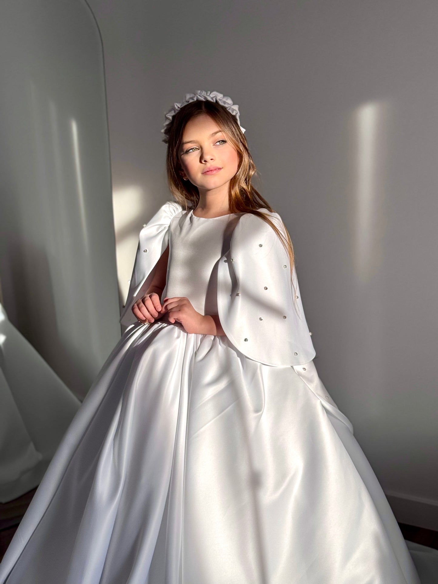 "Majestic Ball Gown with headband , flowing train and crystal embellishments"