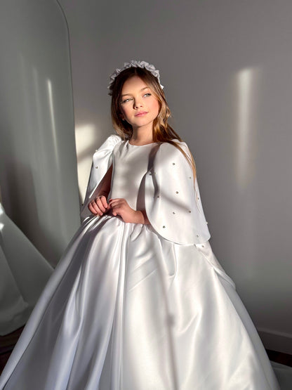 "Majestic Ball Gown with headband , flowing train and crystal embellishments"